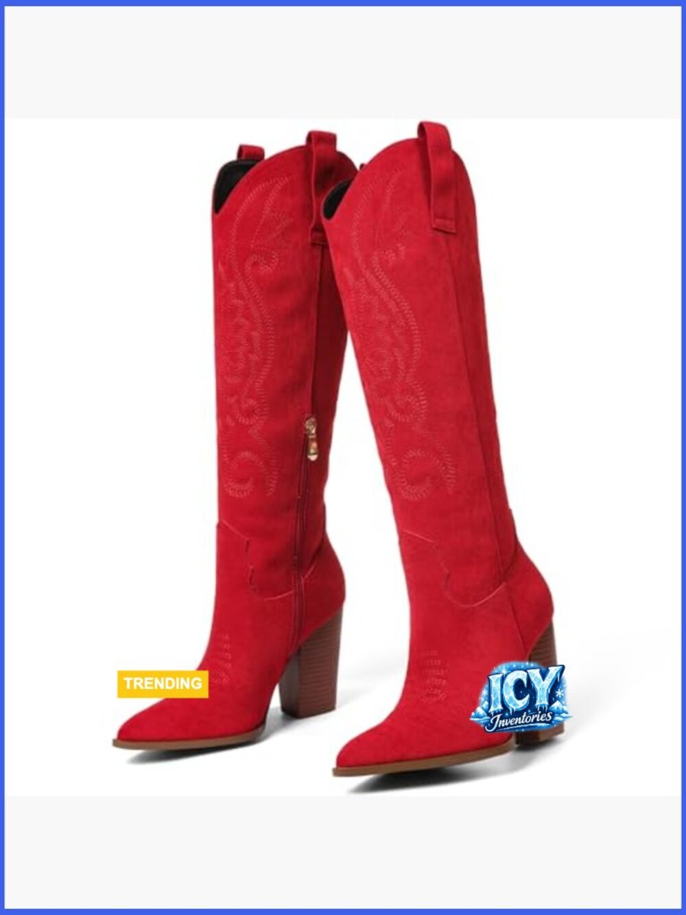 Knee High Cowboy Boots Pointed Toe Chunky Heels Western Pull-on Embroidered - Picture 6 of 7